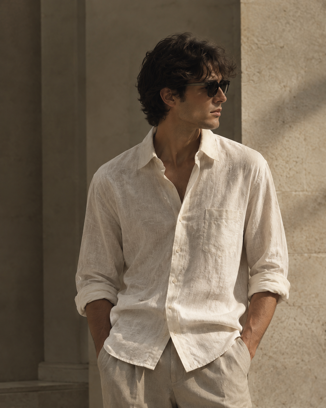 ivory linen shirt in warm stone setting