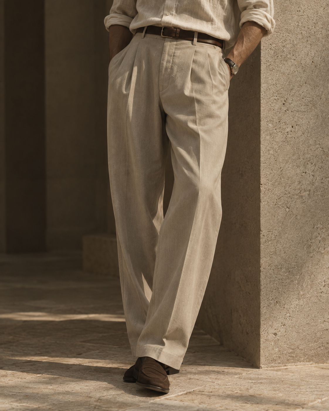 stone pleated trousers in warm architectural setting