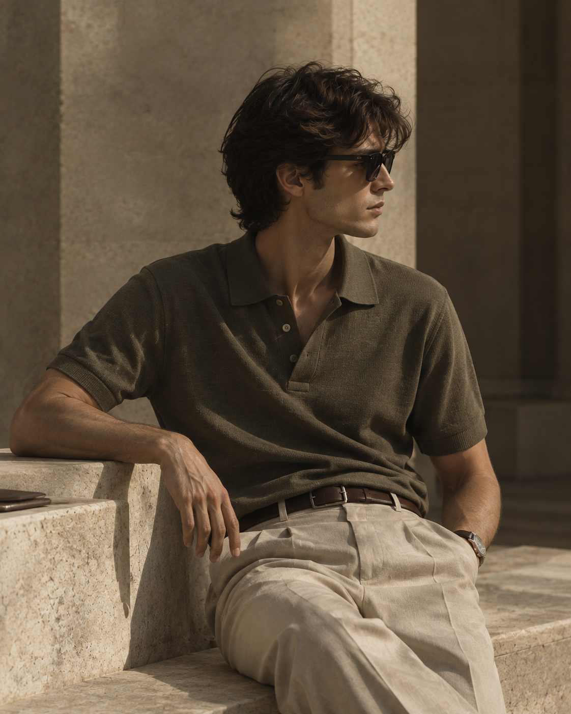 olive knit polo in warm stone setting