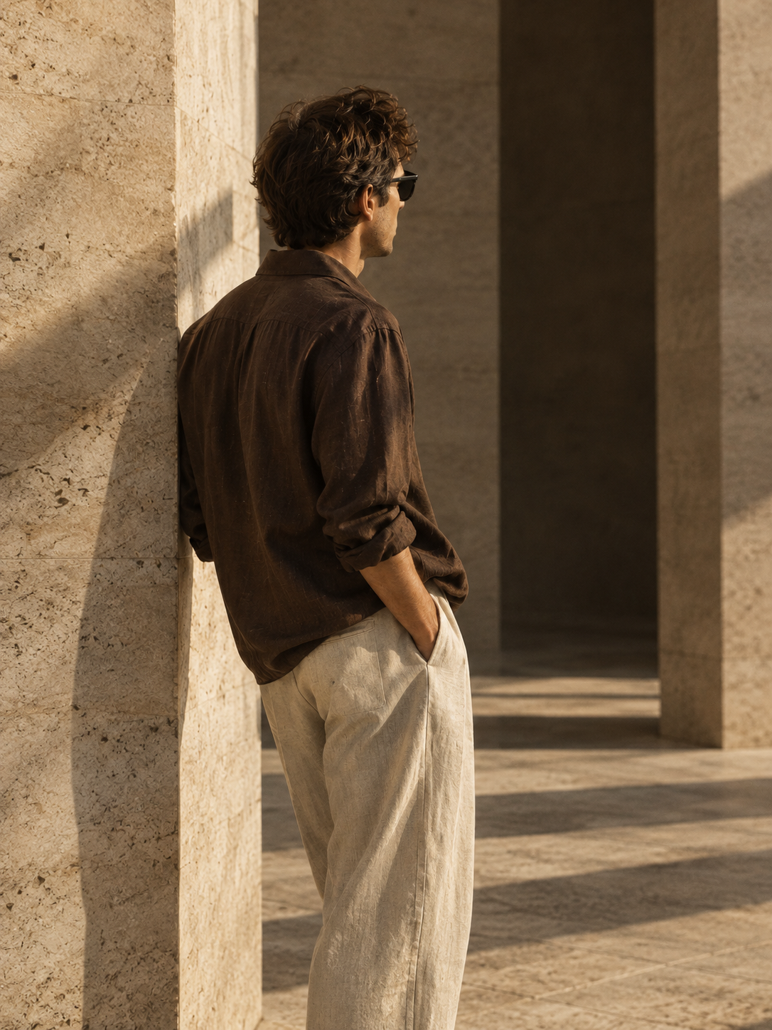 Man wearing a chocolate-brown overshirt and beige trousers beside sunlit limestone architecture